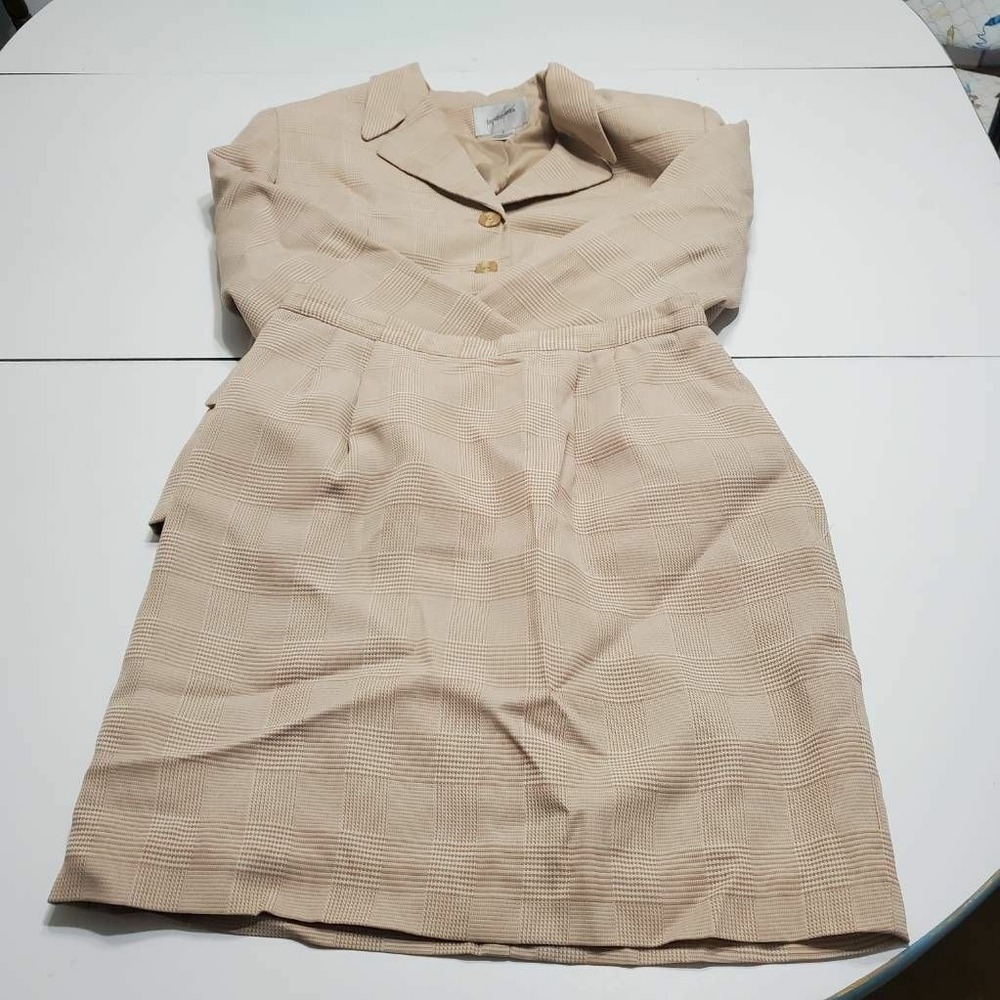 Jacqueline Ferrar Womens 2 Piece Skirt Suit Beige Glen Check Lined Notch Lapel 6